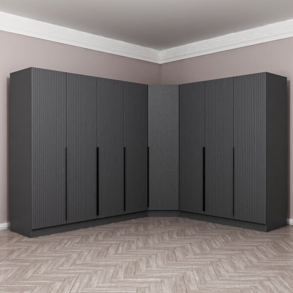 Kaleplus 8 Kapaklı 4 Çekmeceli Köşe Dolap Antrasit Mebran Antrasit Çizgili