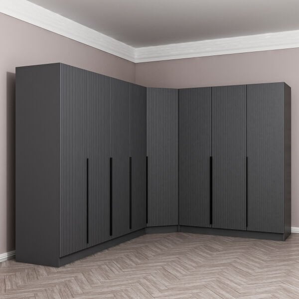 Kaleplus 8 Kapaklı 4 Çekmeceli Köşe Dolap Antrasit Mebran Antrasit Çizgili