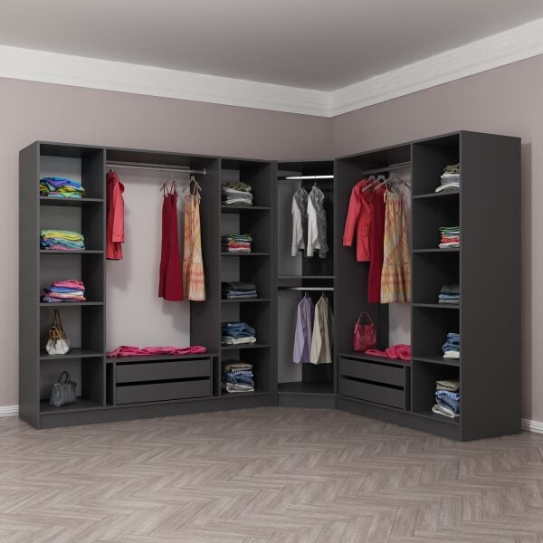 Kaleplus 8 Kapaklı 4 Çekmeceli Köşe Dolap Antrasit Mebran Antrasit Çizgili