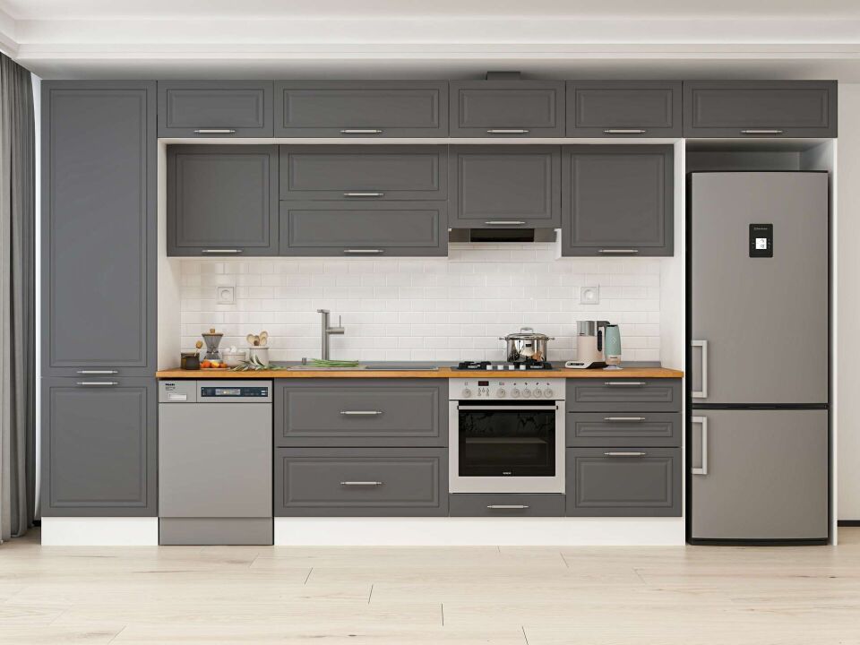 Alvinka 410X240 Cm Klasik Mebran Mutfak Dolabı Mbb-E90B60S60-2 Mebran | Antrasit - Mdf