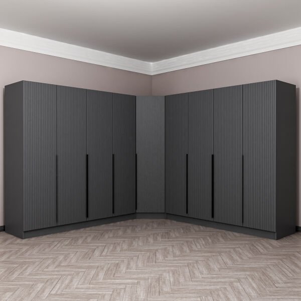 Kaleplus 9 Kapaklı 4 Çekmeceli Köşe Dolap Antrasit Mebran Antrasit Çizgili