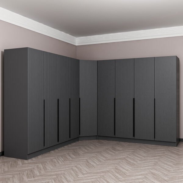 Kaleplus 9 Kapaklı 4 Çekmeceli Köşe Dolap Antrasit Mebran Antrasit Çizgili