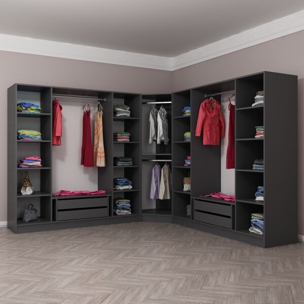 Kaleplus 9 Kapaklı 4 Çekmeceli Köşe Dolap Antrasit Mebran Antrasit Çizgili