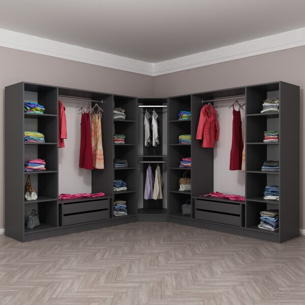 Kaleplus 9 Kapaklı 4 Çekmeceli Köşe Dolap Antrasit Mebran Antrasit Çizgili