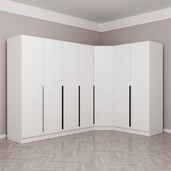 Kaleplus 7 Kapaklı 2 Çekmeceli Köşe Dolap Beyaz Mebran Beyaz Çizgili