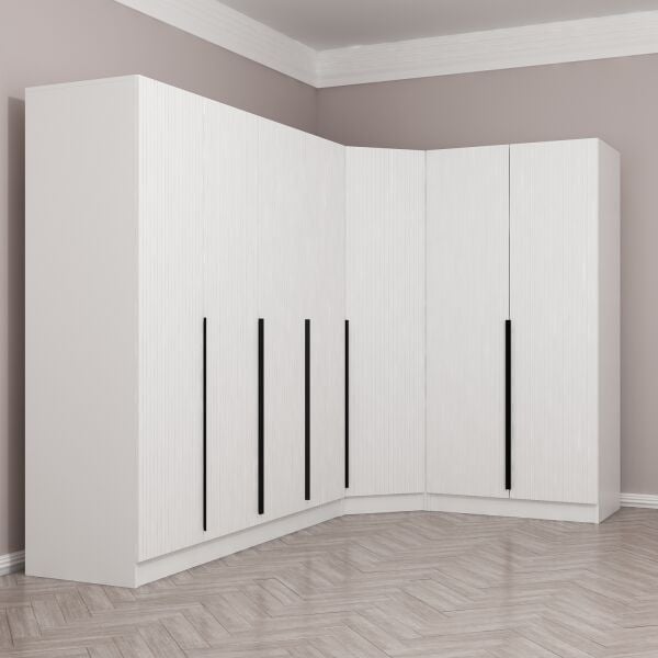 Kaleplus 7 Kapaklı 2 Çekmeceli Köşe Dolap Beyaz Mebran Beyaz Çizgili