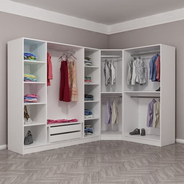 Kaleplus 7 Kapaklı 2 Çekmeceli Köşe Dolap Beyaz Mebran Beyaz Çizgili