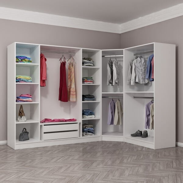 Kaleplus 7 Kapaklı 2 Çekmeceli Köşe Dolap Beyaz Mebran Beyaz Çizgili