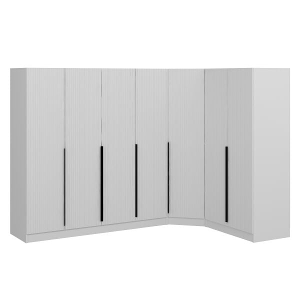 Kaleplus 7 Kapaklı 2 Çekmeceli Köşe Dolap Beyaz Mebran Beyaz Çizgili