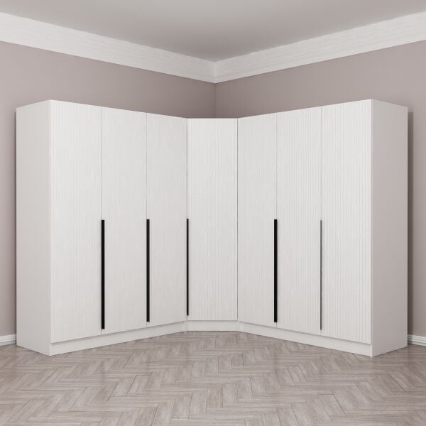 Kaleplus 7 Kapaklı 4 Çekmeceli Köşe Dolap Beyaz Mebran Beyaz Çizgili