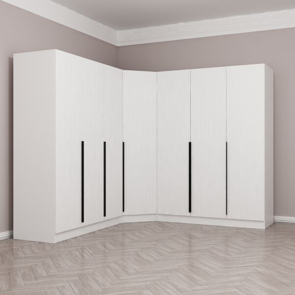 Kaleplus 7 Kapaklı 4 Çekmeceli Köşe Dolap Beyaz Mebran Beyaz Çizgili