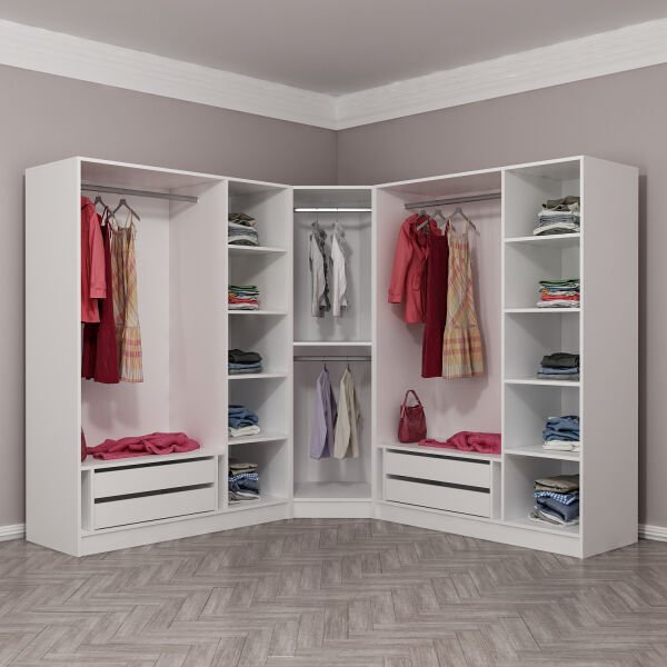 Kaleplus 7 Kapaklı 4 Çekmeceli Köşe Dolap Beyaz Mebran Beyaz Çizgili