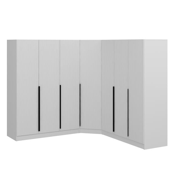 Kaleplus 7 Kapaklı 4 Çekmeceli Köşe Dolap Beyaz Mebran Beyaz Çizgili