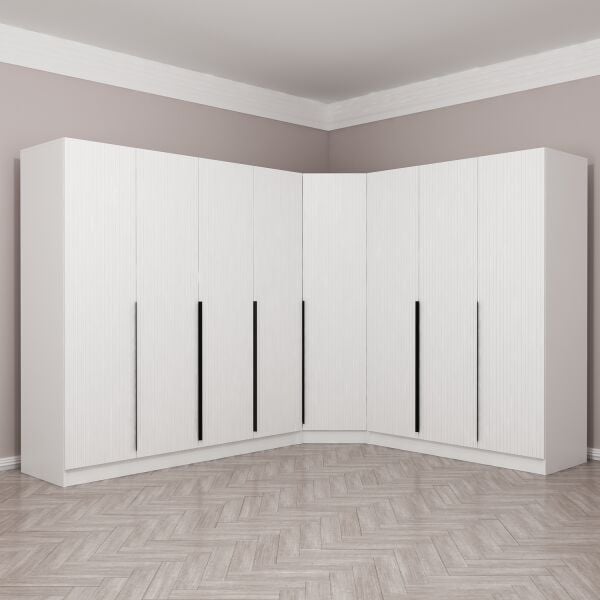 Kaleplus 8 Kapaklı 4 Çekmeceli Köşe Dolap Beyaz Mebran Beyaz Çizgili
