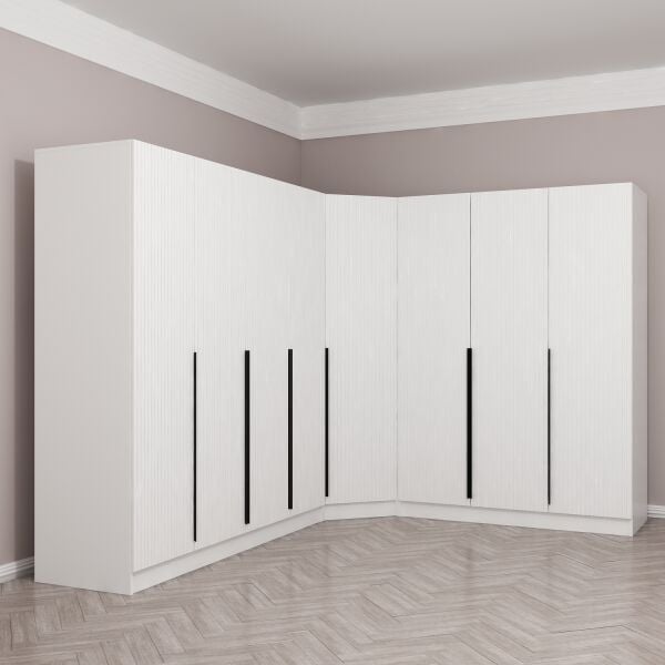 Kaleplus 8 Kapaklı 4 Çekmeceli Köşe Dolap Beyaz Mebran Beyaz Çizgili