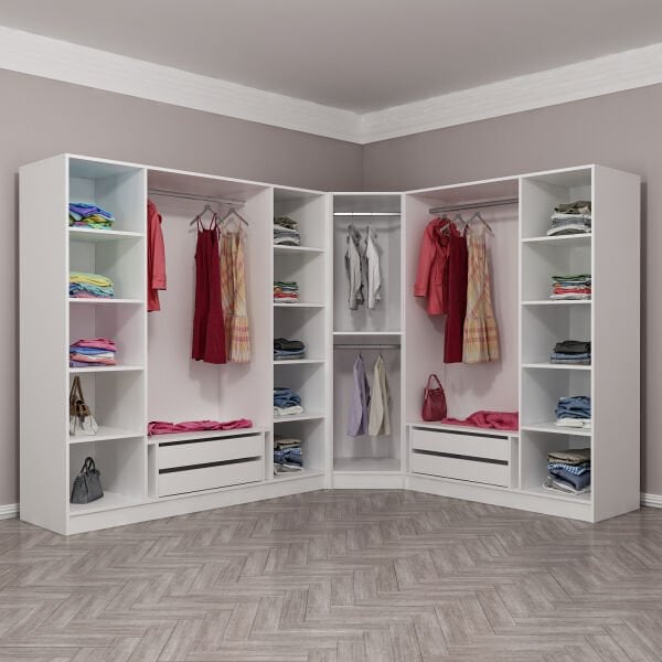 Kaleplus 8 Kapaklı 4 Çekmeceli Köşe Dolap Beyaz Mebran Beyaz Çizgili