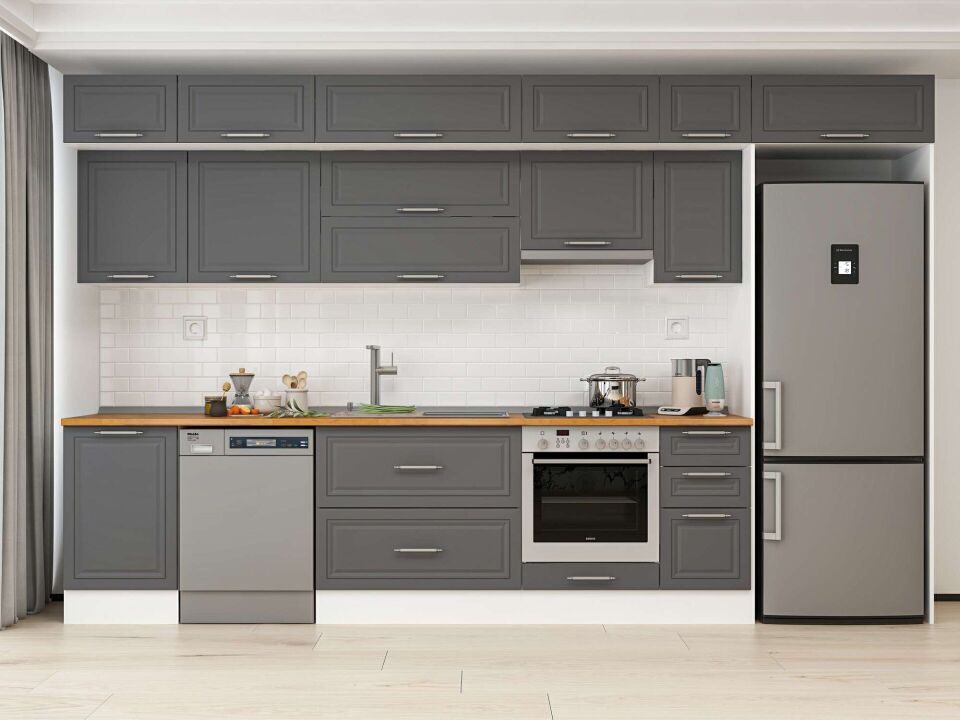 Alvinka 370X240 Cm Klasik Mebran Mutfak Dolabı Mb-E80S50S40-1 Mebran | Antrasit - Mdf