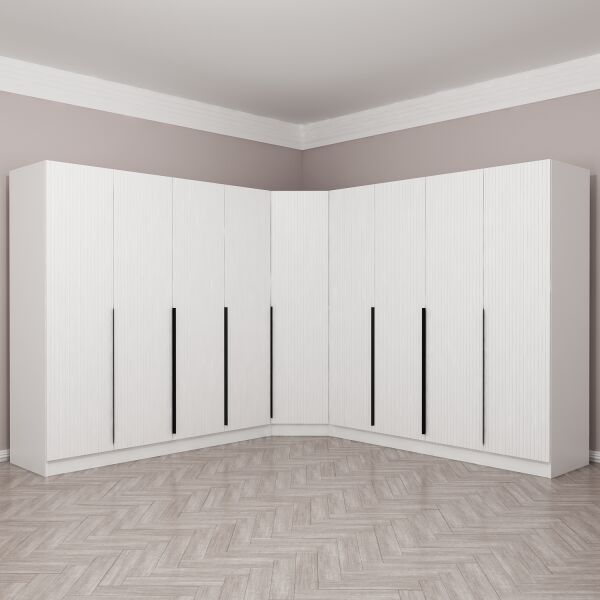 Kaleplus 9 Kapaklı 4 Çekmeceli Köşe Dolap Beyaz Mebran Beyaz Çizgili