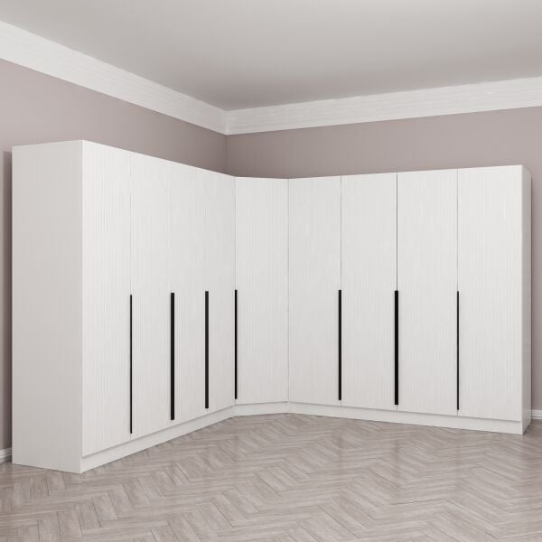 Kaleplus 9 Kapaklı 4 Çekmeceli Köşe Dolap Beyaz Mebran Beyaz Çizgili