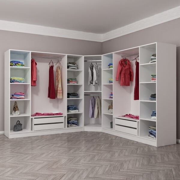 Kaleplus 9 Kapaklı 4 Çekmeceli Köşe Dolap Beyaz Mebran Beyaz Çizgili