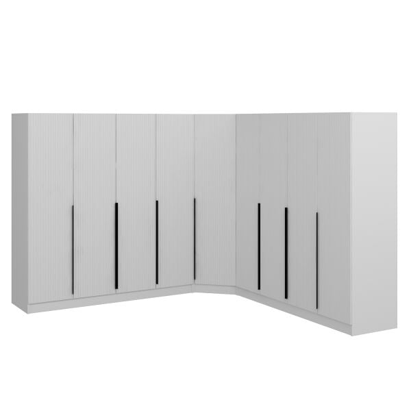 Kaleplus 9 Kapaklı 4 Çekmeceli Köşe Dolap Beyaz Mebran Beyaz Çizgili