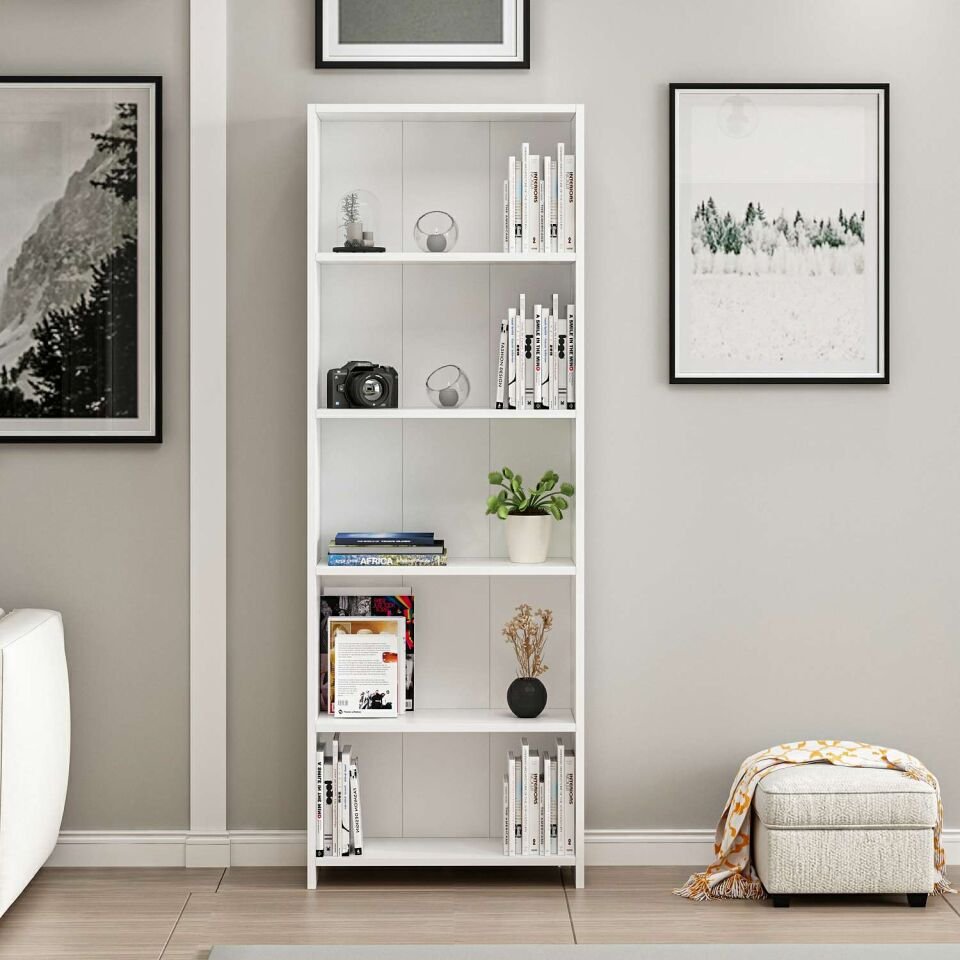 Minar 5 Raflı Modern Kitaplık - Beyaz