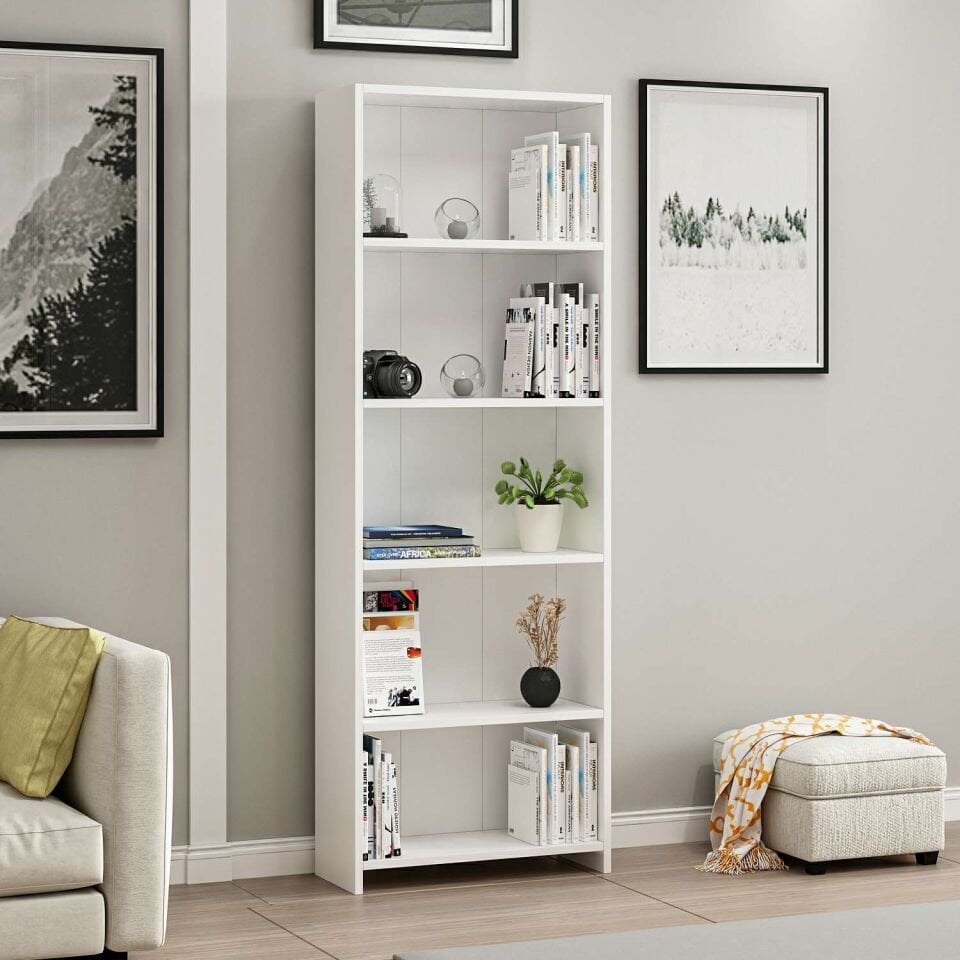 Minar 5 Raflı Modern Kitaplık - Beyaz