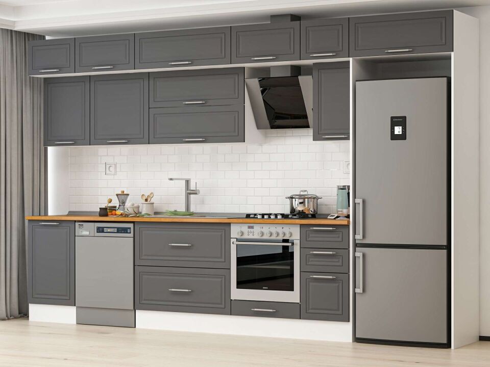 Alvinka 370X240 Cm Klasik Mebran Mutfak Dolabı Mb-E80S50S40-2 Mebran | Antrasit - Suntalam