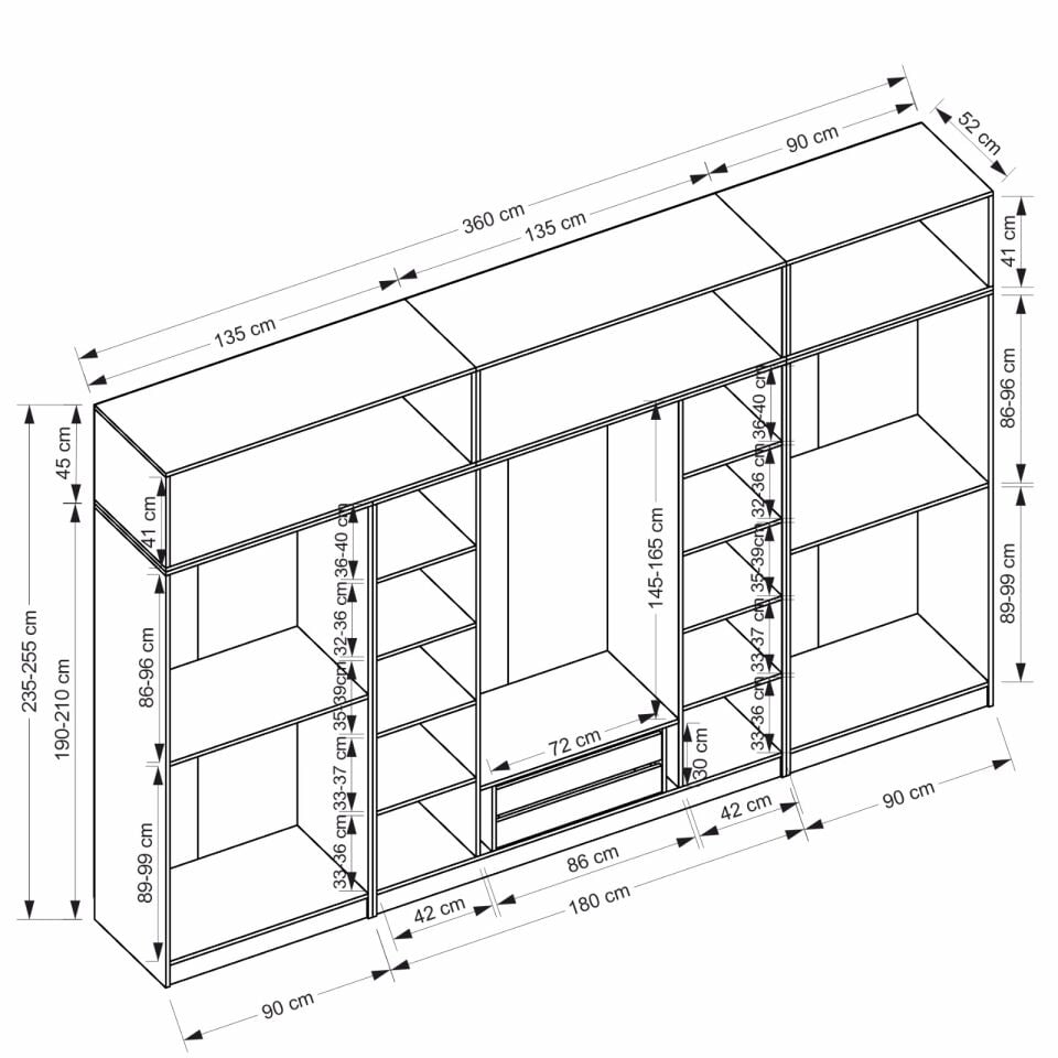 Minar Kale 8 Kapaklı 2 Çekmeceli Dolap Ve Yüklük Beyaz 255CM