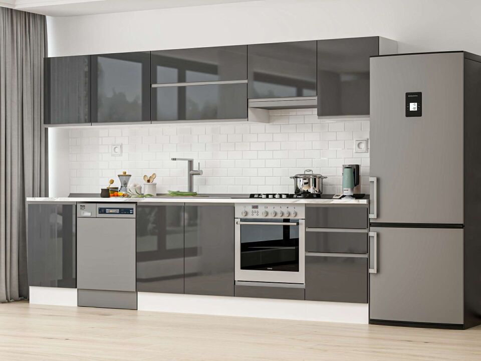 Alvinka 310X210 Cm High Gloss Mutfak Dolabı M-E90S50S50-1 High Gloss | Antrasit - Mdf
