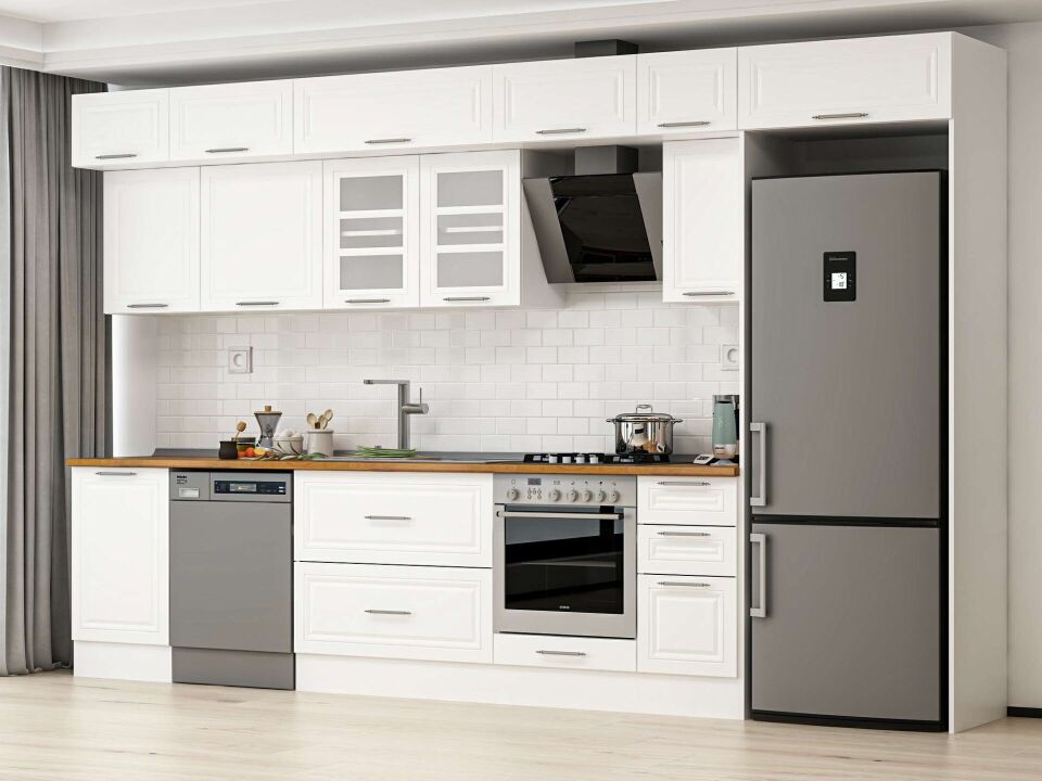Alvinka 370X240 Cm Klasik Mebran Mutfak Dolabı Mb-E80S50S40-3 Mebran | Beyaz - Mdf