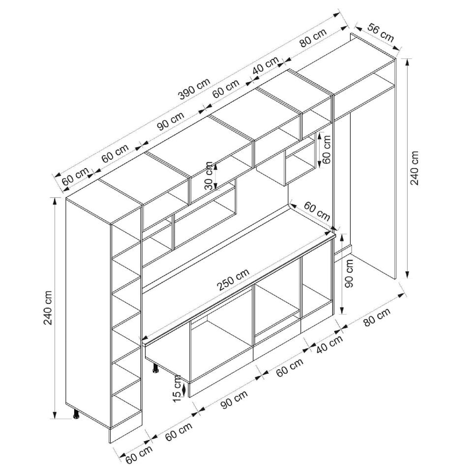 Alvinka 390X240 Cm Klasik Mebran Mutfak Dolabı Beyaz Beyaz Mbb-E90B60S40-3