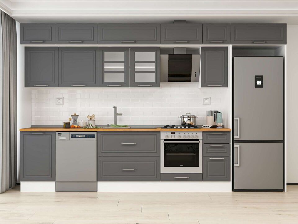 Alvinka 370X240 Cm Klasik Mebran Mutfak Dolabı Mb-E80S50S40-3 Mebran | Antrasit - Mdf