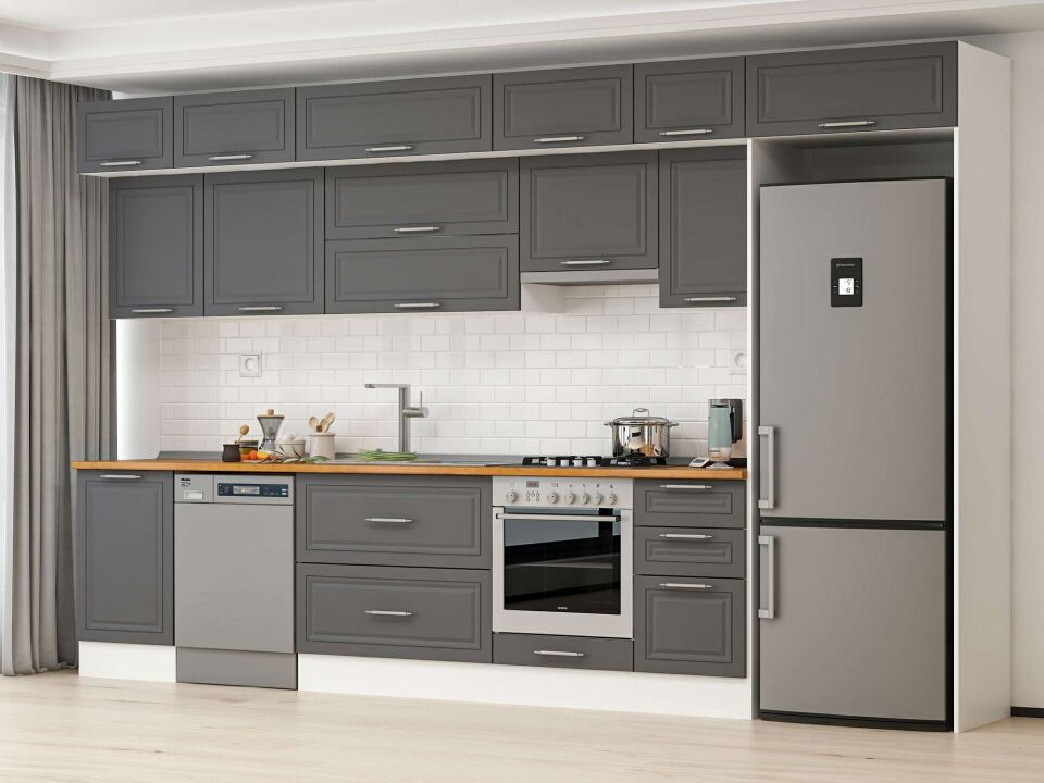 Alvinka 375X240 Cm Klasik Mebran Mutfak Dolabı Mb-E80S50S45-1 Mebran | Antrasit - Suntalam