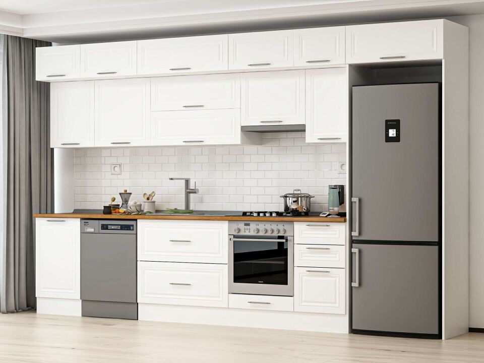 Alvinka 375X240 Cm Klasik Mebran Mutfak Dolabı Mb-E80S50S45-1 Mebran | Beyaz - Mdf
