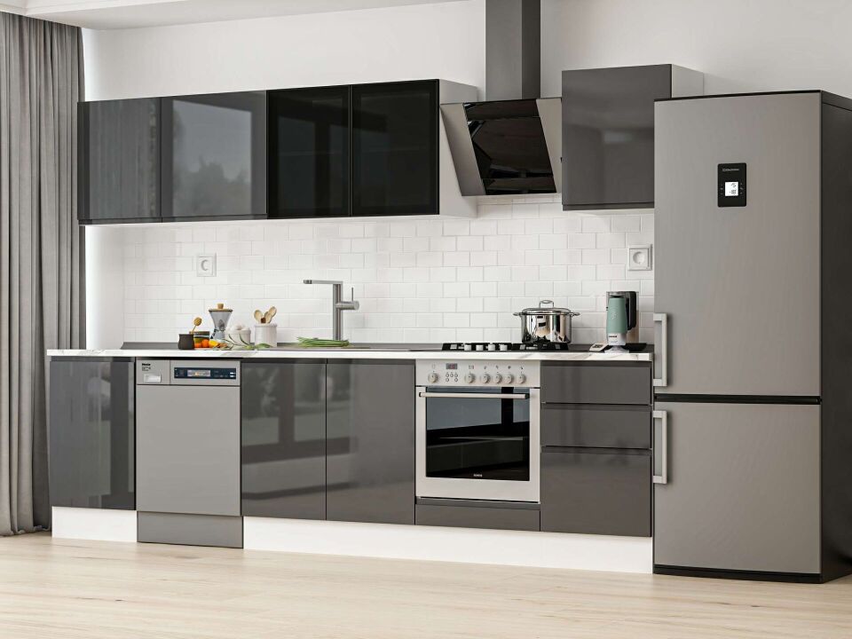 Alvinka 310X210 Cm High Gloss Mutfak Dolabı M-E90S50S50-3 High Gloss | Antrasit - Suntalam