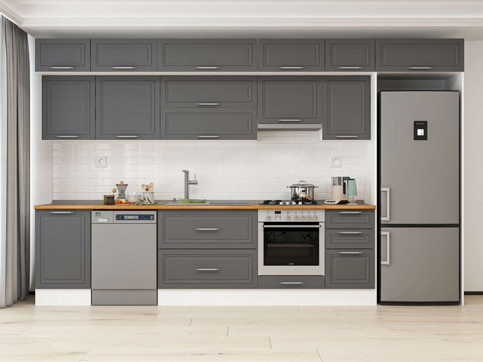 Alvinka 375X240 Cm Klasik Mebran Mutfak Dolabı Mb-E80S50S45-1 Mebran | Antrasit - Mdf