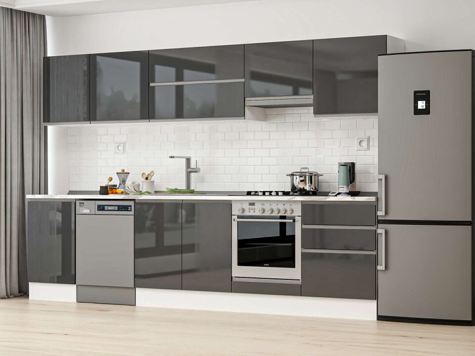 Alvinka 320X210 Cm High Gloss Mutfak Dolabı M-E90S50S60-1 High Gloss | Antrasit - Suntalam