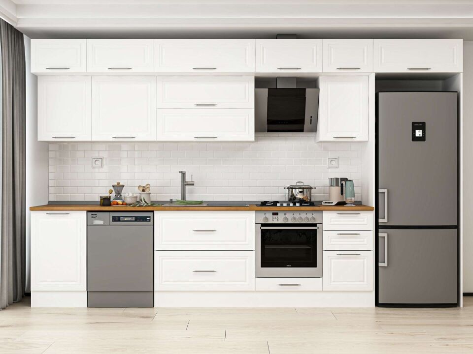 Alvinka 375X240 Cm Klasik Mebran Mutfak Dolabı Mb-E80S50S45-2 Mebran | Beyaz - Mdf