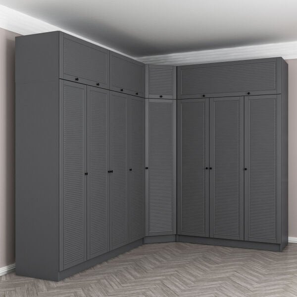 Kale 8 Kapaklı 4 Çekmeceli Köşe Dolap + Yüklük Antrasit Mebran Panjur 235CM