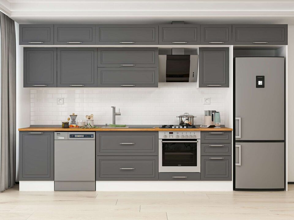 Alvinka 375X240 Cm Klasik Mebran Mutfak Dolabı Mb-E80S50S45-2 Mebran | Antrasit - Mdf