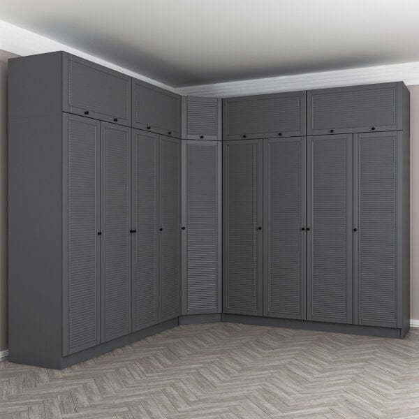 Kale 9 Kapaklı 4 Çekmeceli Köşe Dolap + Yüklük Antrasit Mebran Panjur