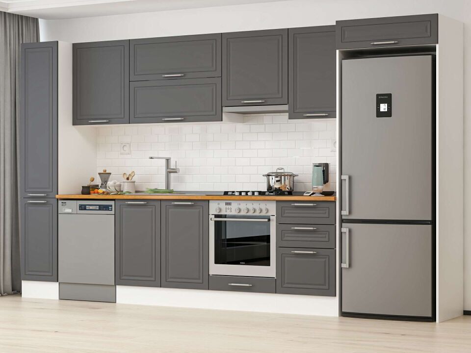 Alvinka 370X222 Cm Klasik Mebran Mutfak Dolabı Mbb-E80B40S50-1 Mebran | Antrasit - Mdf