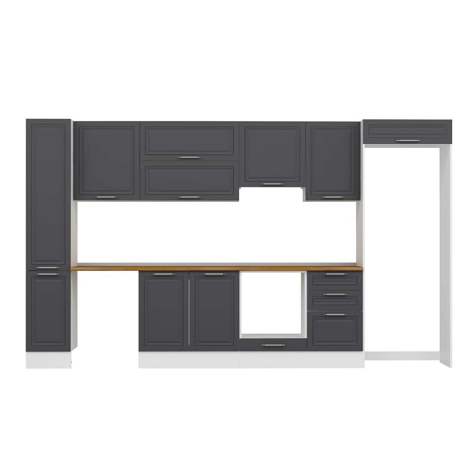 Alvinka 370X222 Cm Klasik Mebran Mutfak Dolabı Mbb-E80B40S50-1 Mebran | Antrasit - Mdf