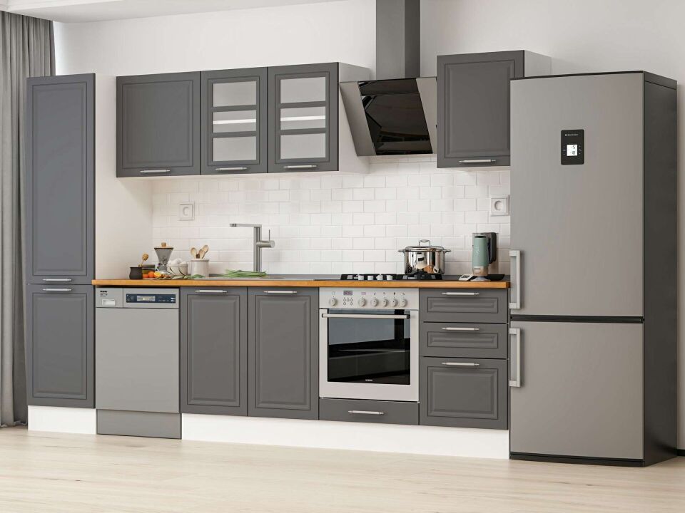 Alvinka 300X210 Cm Klasik Mebran Mutfak Dolabı Mb-E80B50S50-3 Mebran | Antrasit - Suntalam