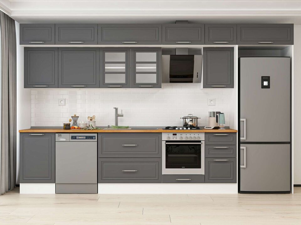 Alvinka 375X240 Cm Klasik Mebran Mutfak Dolabı Mb-E80S50S45-3 Mebran | Antrasit - Mdf