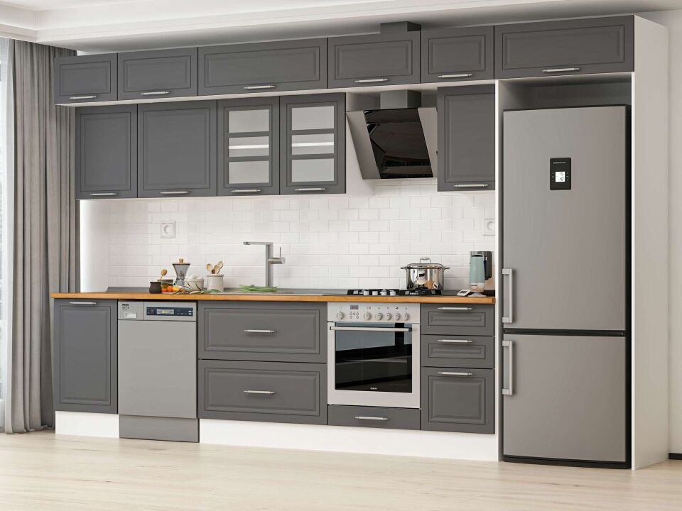 Alvinka 375X240 Cm Klasik Mebran Mutfak Dolabı Mb-E80S50S45-3 Mebran | Antrasit - Mdf