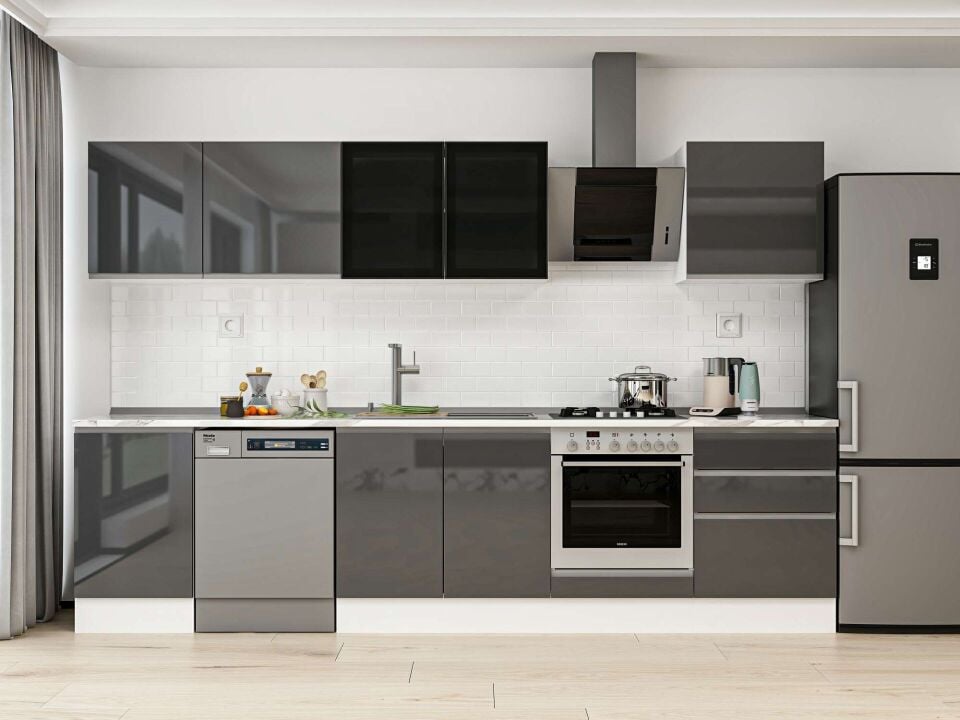 Alvinka 320X210 Cm High Gloss Mutfak Dolabı M-E90S50S60-3 High Gloss | Antrasit - Mdf
