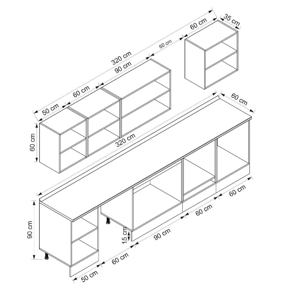 Alvinka 320X210 Cm High Gloss Mutfak Dolabı M-E90S50S60-3 High Gloss | Antrasit - Mdf