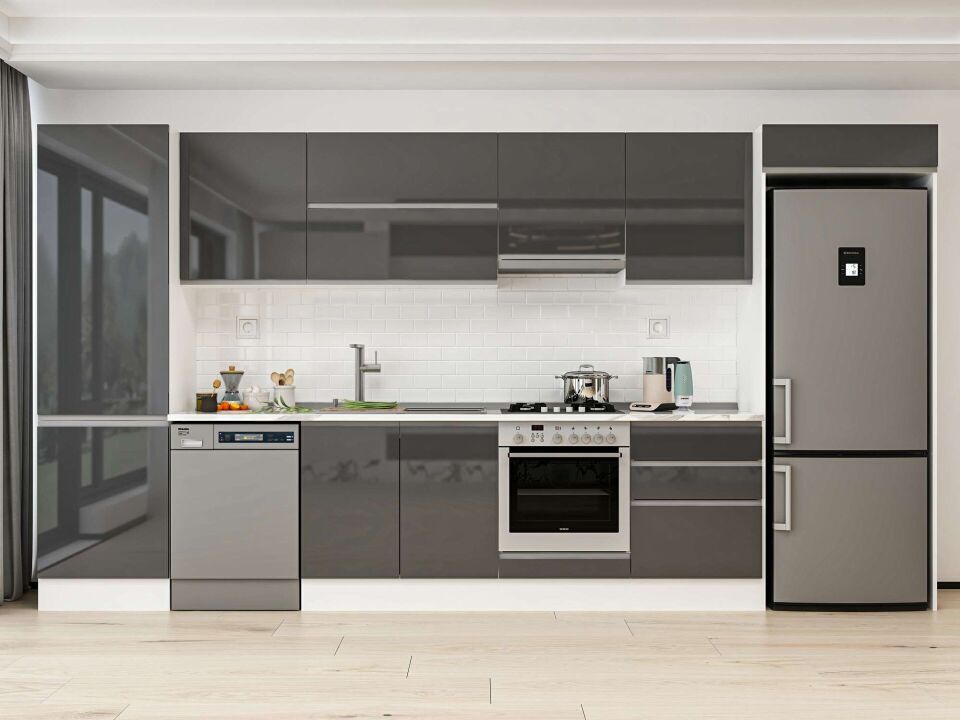 Alvinka 410X222 Cm High Gloss Mutfak Dolabı Mbb-E90B60S60-1 High Gloss | Antrasit - Mdf